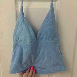 Light Blue Floral Embroidered Spaghetti Strap halter Crop Top